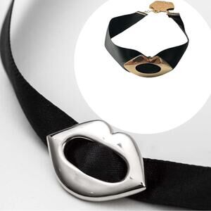 Urban Outfitters Black Ribbon Choker Necklace Gold Lips Lolita Goth 90s Y2K